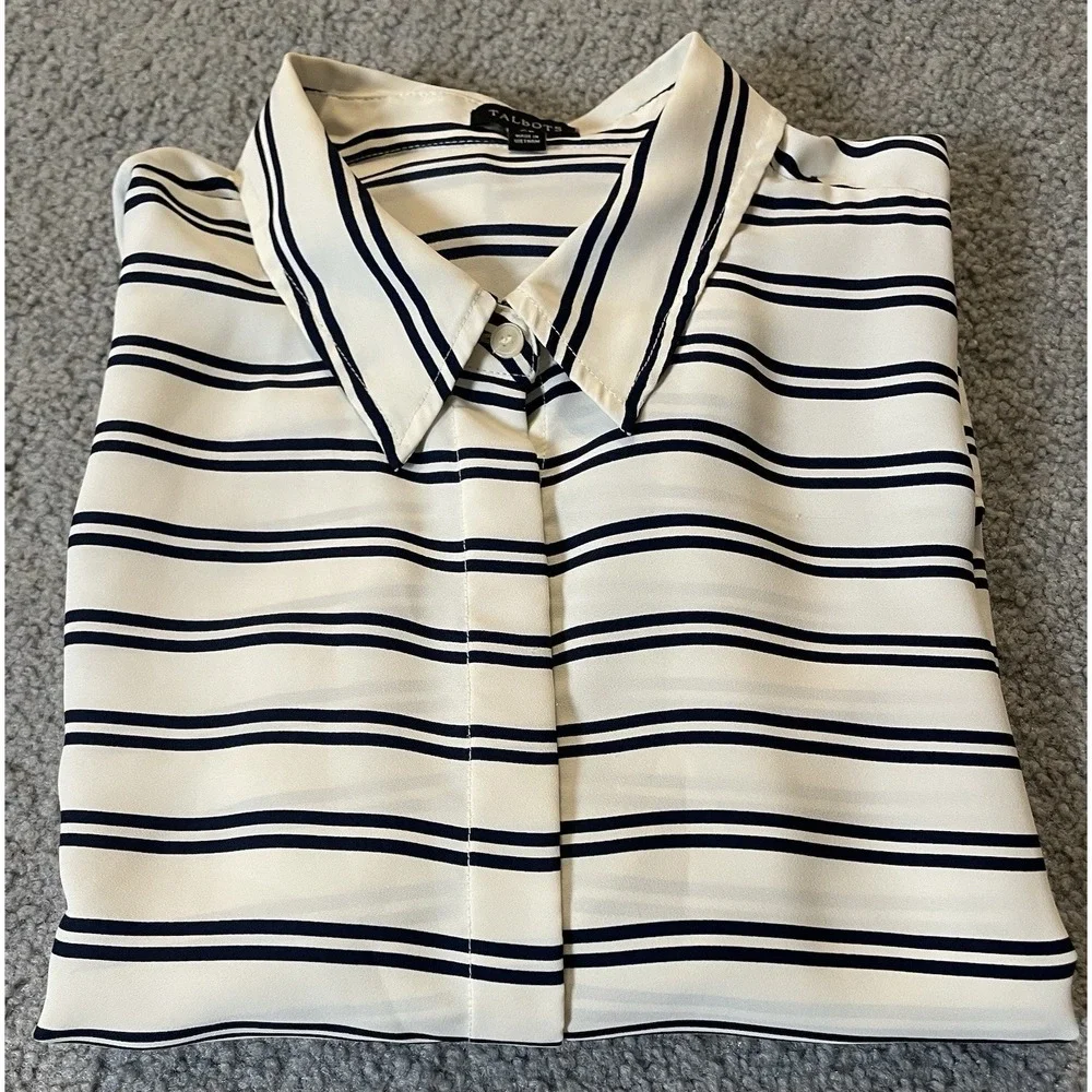 90s Talbots Striped Tunic Button Blouse XL White Black Long Sleeve Career Party - Picture 12 of 12